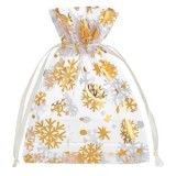 Saculet Cadou de Craciun Transparent Organza cu Fulgi Aurii, 10x13cm, CMCLASS