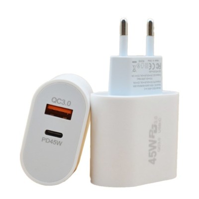Incarcator Fast Charge pentru Telefon, Flippy, Power Delivery 45W, Dual Port USB-A Q.C 3.0 si Type-C PD45W, Compatibil cu orice Telefon, Alb foto