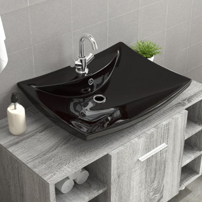Chiuvetă dreptunghiulară preaplin &amp; gaură robinet, negru, ceramică lux 140689