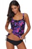 Costum de baie dama 2 piese, maiou &amp; slip, negru cu mov, imprimeu floral, bretele ajustabile, S/M