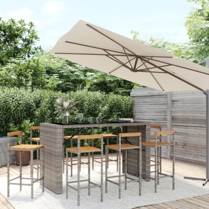 Gossi set bar pentru gradina, 9 piese, gri, poliratan/lemn acacia