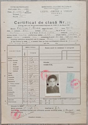 Certificat de clasa Liceul Dimitrie A. Sturdza Tecuci 1944 foto