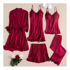 Set Pijama De Dama 5 Piese Din Satin, Bordo - ANI114