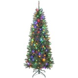 HOMCOM Pom de Crăciun Artificial de 180 cm cu Lumini Incorporate Albe și Colorate &icirc;n 9 Moduri și 899 Crengi Ignifuge, Brad de Crăciun Dens și Realisti