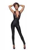 Catsuit Crotchless Sleeveless Material Wetlook si Broderie M, Noir Handmade