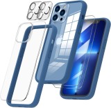 Set husa, 2 folii pentru camera, 1 folie spate si 2 pentru ecran compatibile cu iPhone 13 Pro Max Ornarto, silicon/sticla securizata, albastru