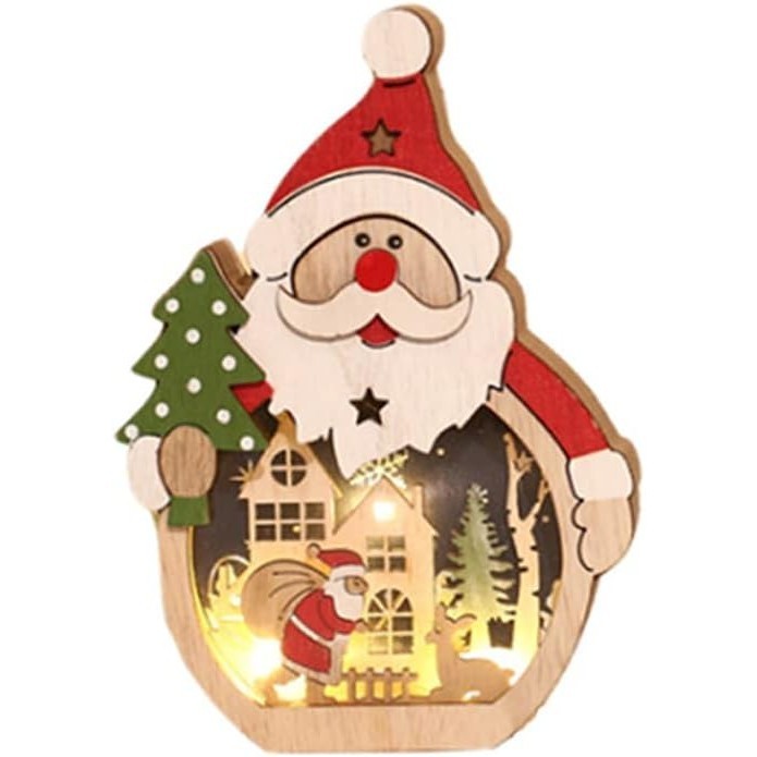 Decoratiune de Craciun, Flippy, cu Lumini LED, din Lemn, 16 x 10.5 x 3.5 cm, Model Mos Craciun, Multicolor