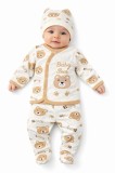 Set bebelus 3 piese cu imprimeu ursulet, bumbac reiat moale, bluza petrecuta
