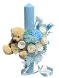 Lumanare Botez Baiat cu Flori Criogenate si Ursulet , Baby Blue, Model Premium 40 cm
