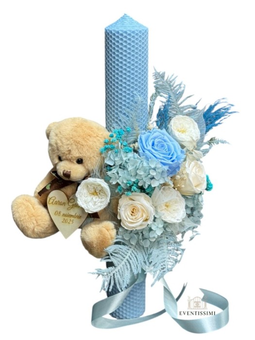 Lumanare Botez Baiat cu Flori Criogenate si Ursulet , Baby Blue, Model Premium 40 cm
