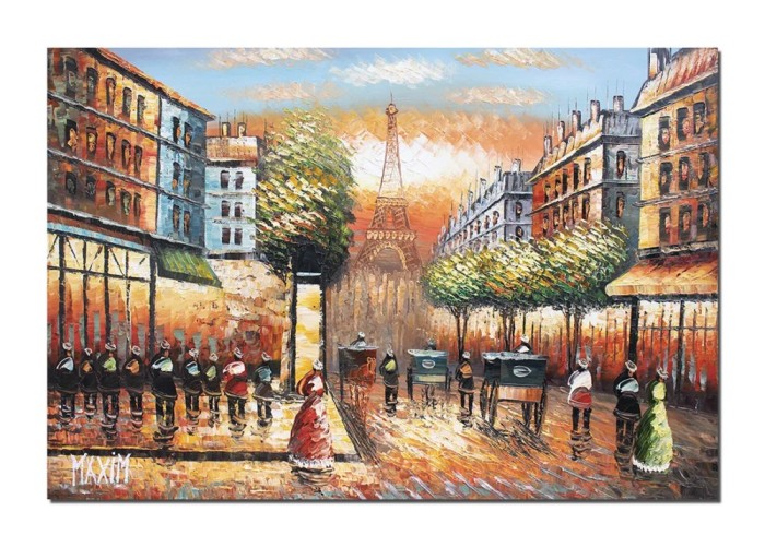 Tablou pictat manual, Parisul interbelic stilizat, 90x60cm ulei pe panza in cutit efect 3D