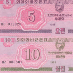 Bancnota Coreea de Nord 5 si 10 Chon 1988 - UNC ( vizitatori tari socialiste )