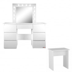Masa de toaleta/machiaj + Taburet, alba, cu oglinda si LED-uri, Vanessa, 130x43x143 cm foto