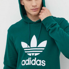 adidas Originals hanorac de bumbac Adicolor Classics Trefoil bărbați, culoarea verde, cu glugă, cu imprimeu IM9407