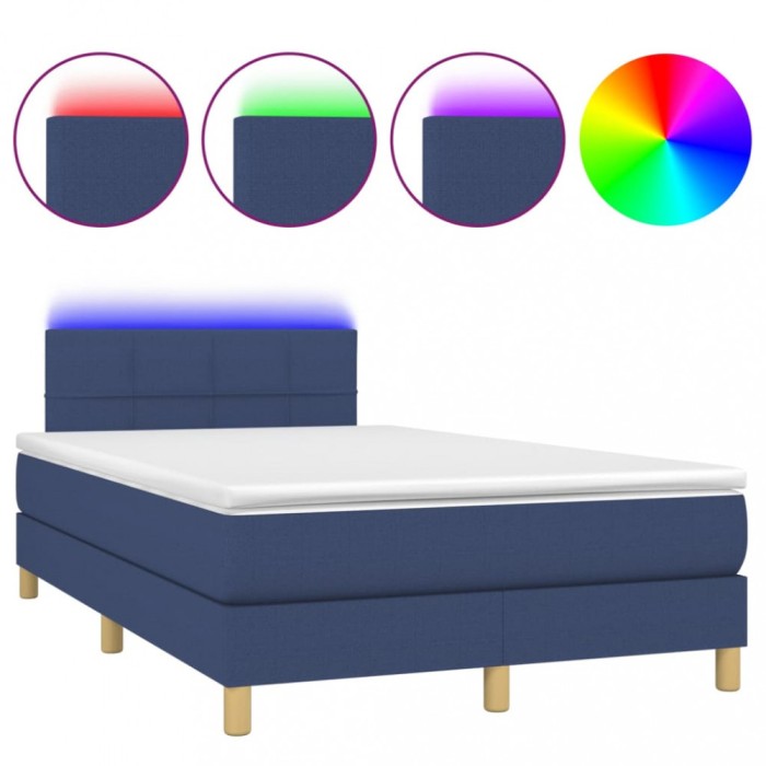 Pat cu arcuri, saltea si LED, albastru, 120x200 cm, textil