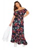 T569-1122 Rochie MAXI pe umeri cu volanase si print floral, XL, XXL