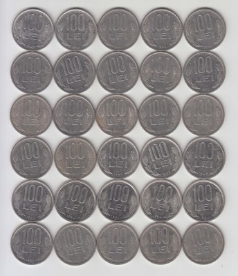 ROMANIA - LOT 100 LEI 1992 (10buc)+ 100 LEI 1993 (10buc) +100 LEI 1994 (10buc) , 30 MONEDE , L17.10 foto