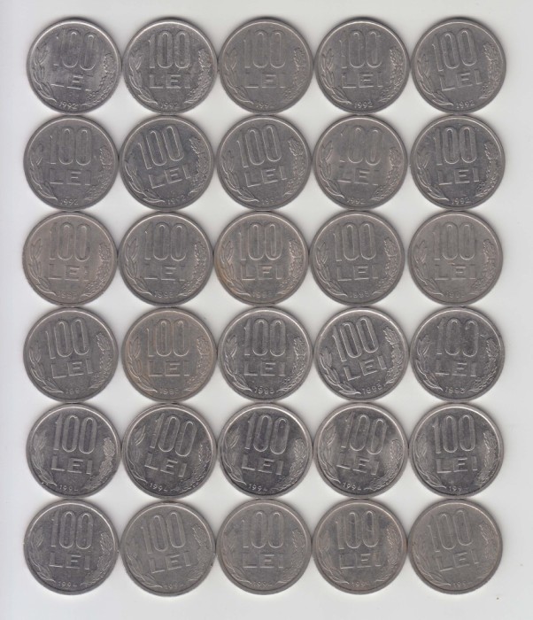 ROMANIA - LOT 100 LEI 1992 (10buc)+ 100 LEI 1993 (10buc) +100 LEI 1994 (10buc) , 30 MONEDE , L17.10