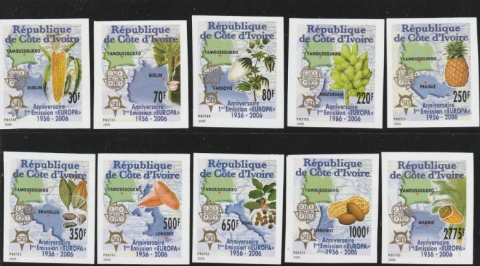 Coasta de Fildes (Cote d&#039;Ivoire} 2005 - 50 ani Europa CEPT, serie nedantelata,MNH,Mi.1461B-1470B