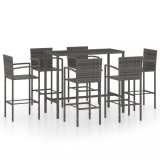 Set Mobilier Bar Gradina 7 Piese vidaXL, Poliratan Gri, Masa Sticla, Scaune cu Spatar &amp; Suport Picioare