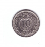 Moneda Austria 10 heller 1893, stare buna, Europa, Nichel