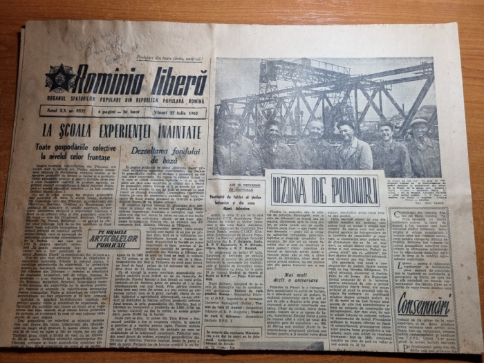 romania libera 27 iulie 1962-art. orasul arad,pictorul din nehoiu