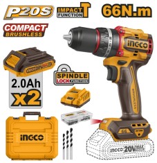 Masina de gaurit Bormasina 20V cu Impact 66Nm cu 2 Acumulator, 30000bpm, fara perii, Ingco CIDLI20668E