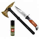 Cumpara ieftin Set topor SurvivormBriceag Automat din Oțel 440C si Spray Autoapărare NATO 39 cm/110 ml/27 cm, husa inclusa
