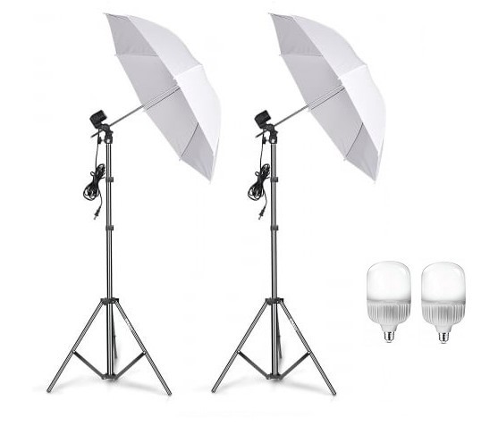 Kit de 2 umbrele albe, 2 trepiezi reglabili 200 cm, 2 becuri LED 25W