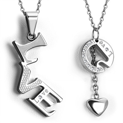 Pandantiv din oțel pentru cuplu - inscripție separată &amp;bdquo;LOVE&amp;rdquo;, inimă pe lanț, zirconii foto