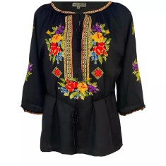 Ie Traditionala Neagra cu Motiv Floral Multicolor de Dama- IMS10