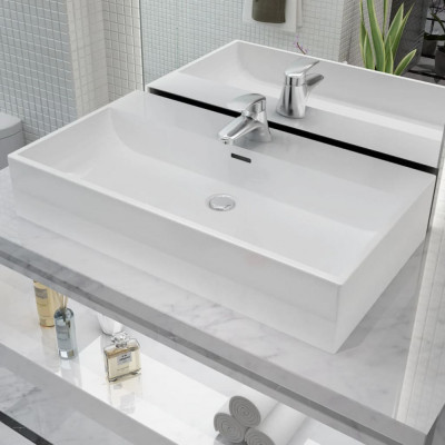 vidaXL Chiuvetă baie, orificiu robinet, ceramică, 76x42,5x14,5 cm, alb foto