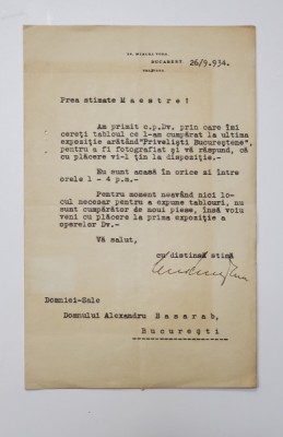 SCRISOARE EXPEDIATA PICTORULUI ALEXANDRU BASARAB , SEPTEMBRIE , 1934 foto