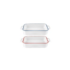 Vas termorezistent din ceramica dreptunghilar pentru cuptor, 27 cm, capacitate 1.5 litri, alb cu margine rosie, Yucca Florina