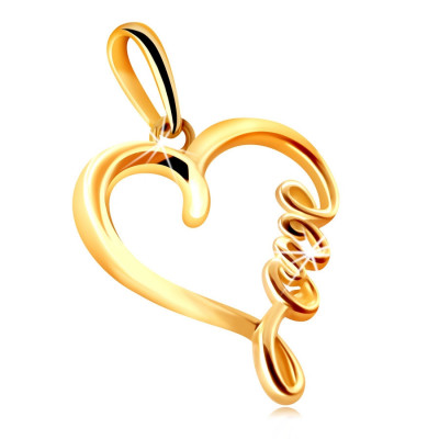 Pandantiv din aur galben 585 - contur lucios &amp;icirc;n formă de inimă cu scris &amp;ldquo;Love&amp;rdquo; foto