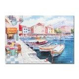 Tablou pictat manual living, In port, peisaj mediteranean, 100x70cm ulei pe panza in cutit efect 3D, gata de agatat pe perete