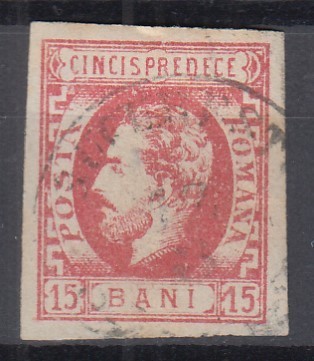 ROMANIA 1872 LP 32 REGELE CAROL I CU BARBA 15 BANI ROSU STAMPILAT BUCURESTI FOARTE USOARA SUBTIERE LA TAMPLA foto