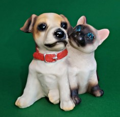 Cățel zgarda rosie și pisică prieteni nedezlipiti rășină 9 cm h bibelou dragalas C1