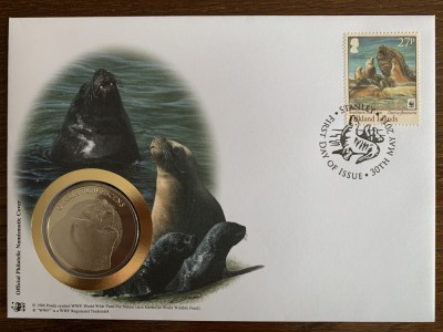 falkland - foci - FDC cu medalie, fauna wwf foto