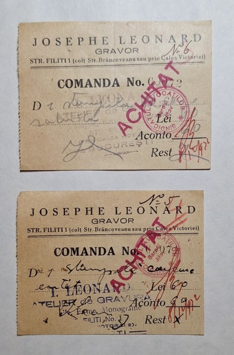 Bonuri de comandă Josephe Leonard &ndash; Gravor București, anii 1930 (set 2)