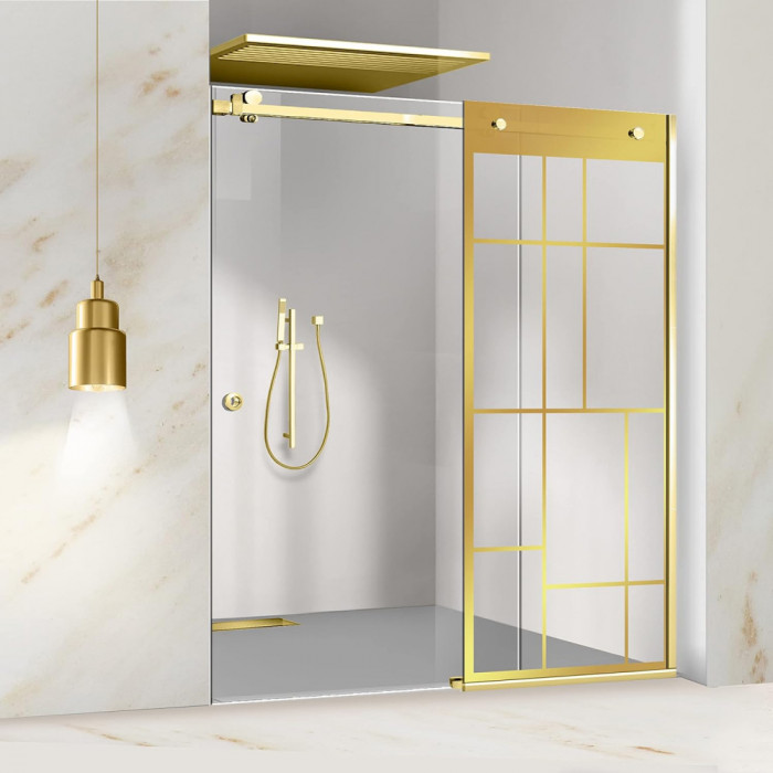 Paravan dus cu usa glisanta Glissando Gold, model Urban auriu, sticla clara securizata, pentru nisa cu latime intre 150-160x205 cm