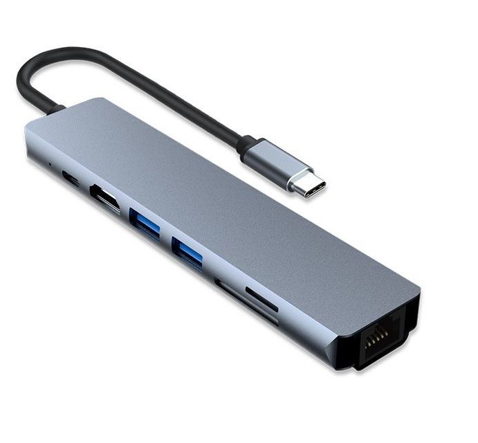 Convertor USB tip C-HDMI+2xUSB3.0+USB tip C PD+card reader+RJ45 t-m 7in1
