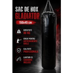 Sac de box Gladiator 150x45 cm Negru Umplut - 80 KG