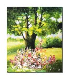 Cumpara ieftin Tablou peisaj copac si flori pictat manual, 50x40cm ulei pe panza, Constantin Feraru