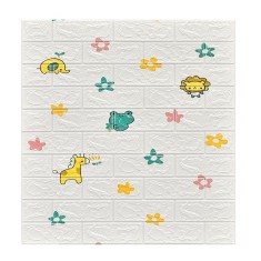 Set 10 placi tapet 3d, flippy, 70 x 77 cm, grosime 3 mm, din polietilena, tip caramida, model animalute si floricele, suprafata acoperita 5.3 mp, alb