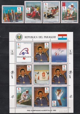 Paraguay 1989 - Jocurile Olimpice de iarnă - Albertville, PA, Serie + Bloc, MNH foto