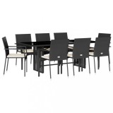 Set mobilier de gradina cu perne, 9 piese, negru, poliratan