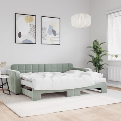 vidaXL Pat de zi cu extensie și saltele, gri deschis 80x200 cm catifea 3196946 foto