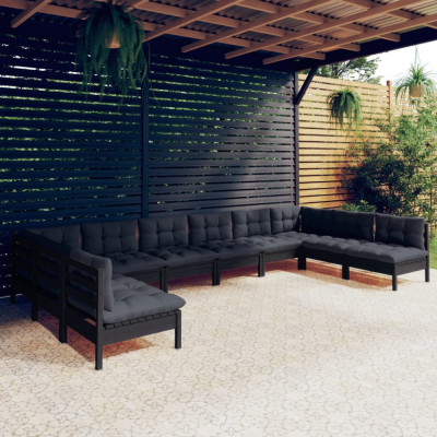 vidaXL Set mobilier de grădină cu perne 10 piese negru lemn masiv pin foto