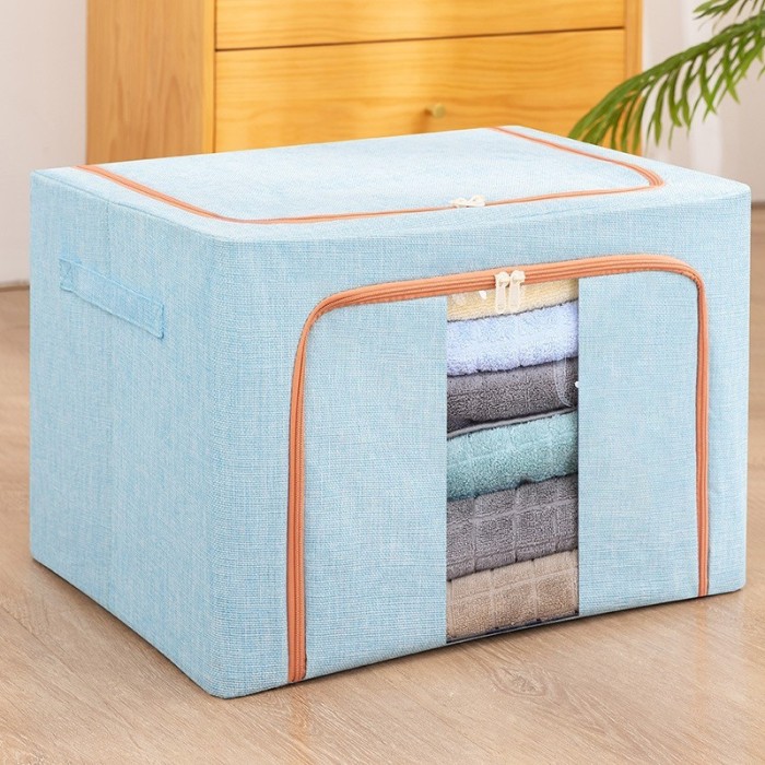 Cutie de depozitare pliabil&Auml; premium, 100l, textil, cadru metalic, fermoar de &Atilde;nchidere, fereastr&Auml; frontal&Auml;, 60x42x40 cm, bleu